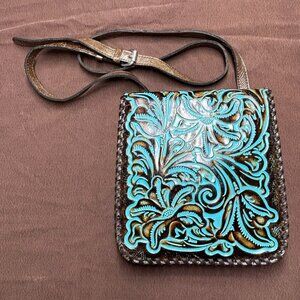Patricia Nash “Vallarta” crossbody Turquoise/brown tooled Leather Bag nwt